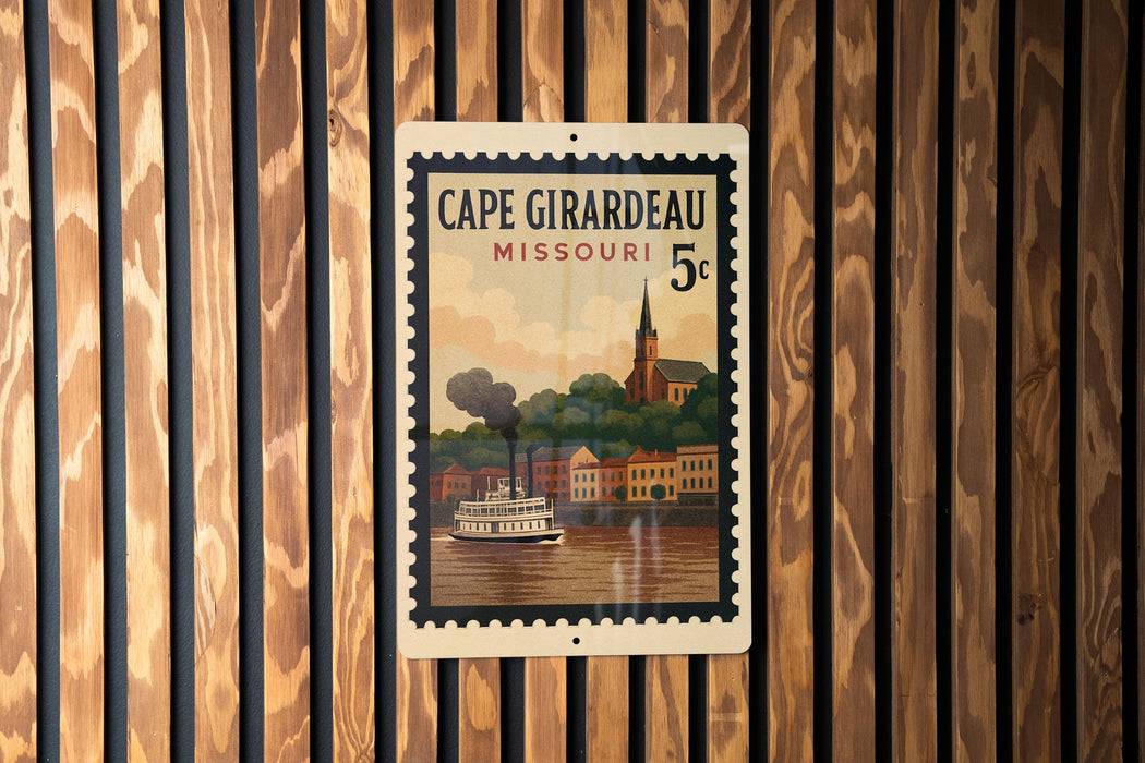 A vintage postage stamp from Cape Girardeau, Missouri, featuring a steamboat on the water and a church steeple in the background.