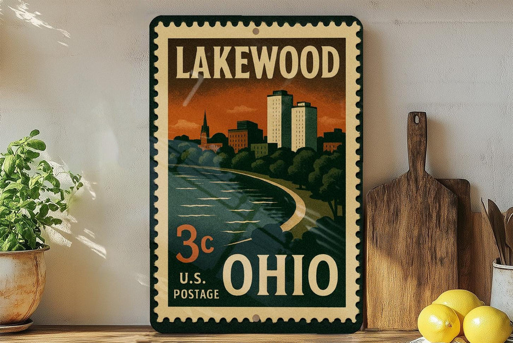 A vintage-style metal sign with the text "LAKEWOOD OHIO 3c U.S. POSTAGE" displayed on a shelf, with a potted plant and wooden cutting board in the background.