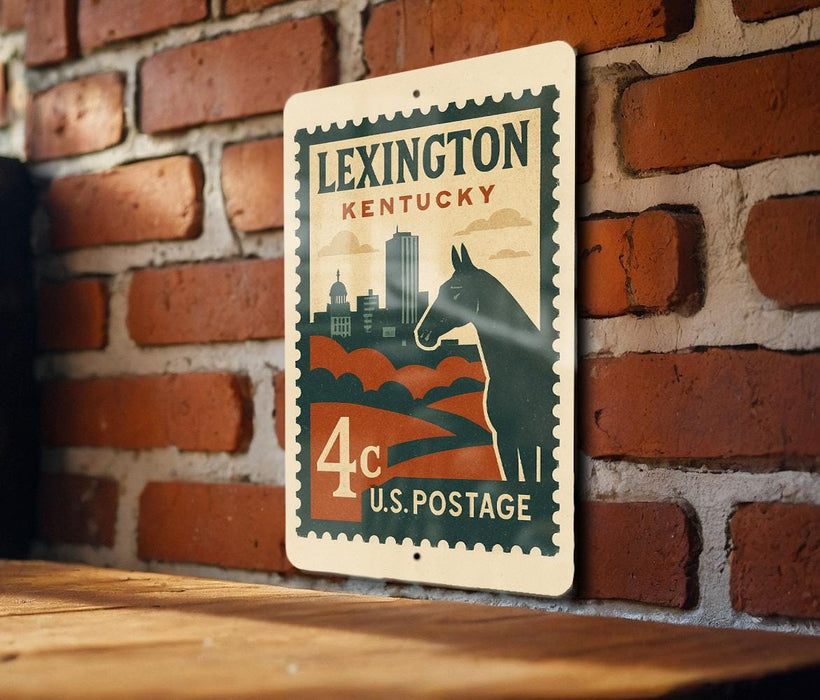 A vintage-style metal sign with a horse silhouette and a cityscape, mounted on a brick wall.