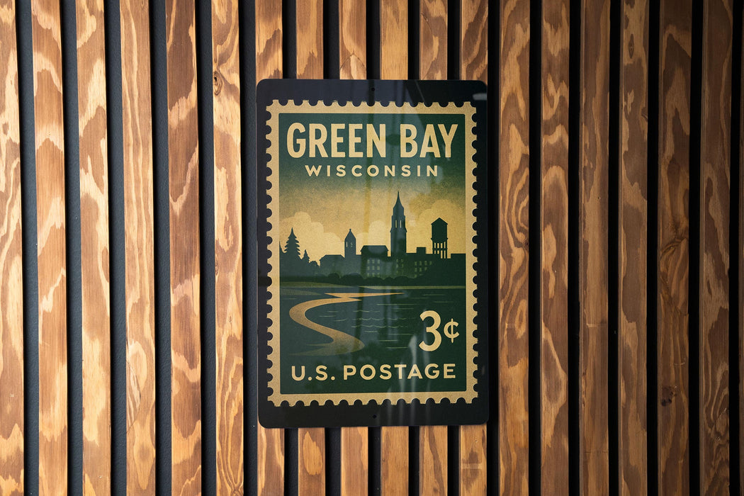 A vintage-style postage stamp from Wisconsin, featuring a silhouette of a city skyline and a river, mounted on a wooden wall.