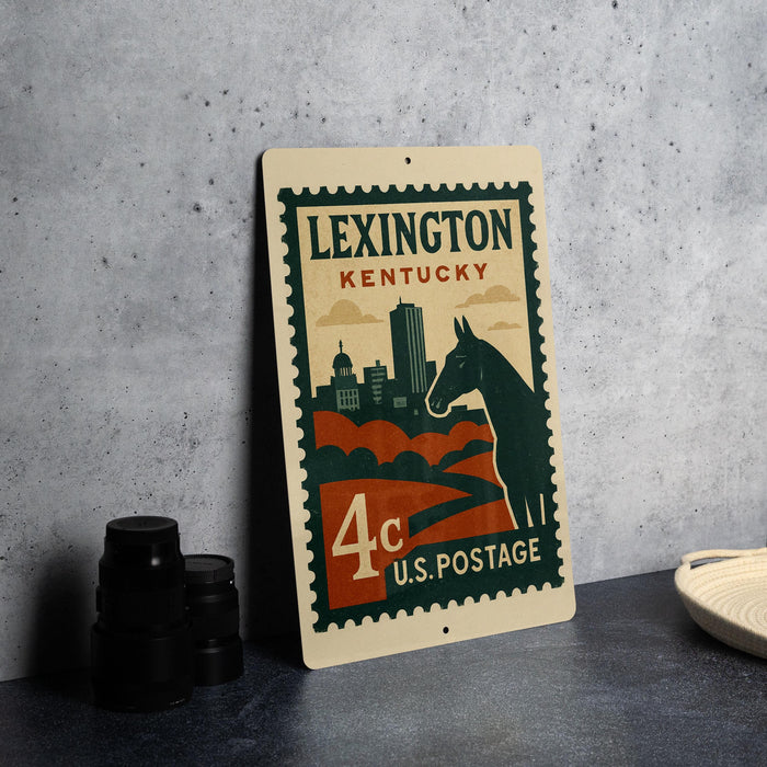 A vintage-style postage stamp from Kentucky, featuring a horse and cityscape, is displayed on a table.