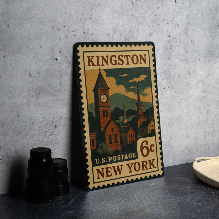 A vintage postage stamp from the United States of America, featuring an illustration of a town with a clock tower, placed on a table next to some black camera lenses.