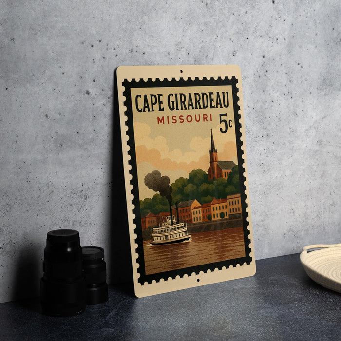 A vintage-style postage stamp from Cape Girardeau, Missouri, featuring a steamboat on the water and a church steeple in the background.