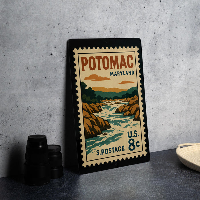 A vintage-style postage stamp from Potomac, Maryland, featuring a scenic landscape with a river and mountains.