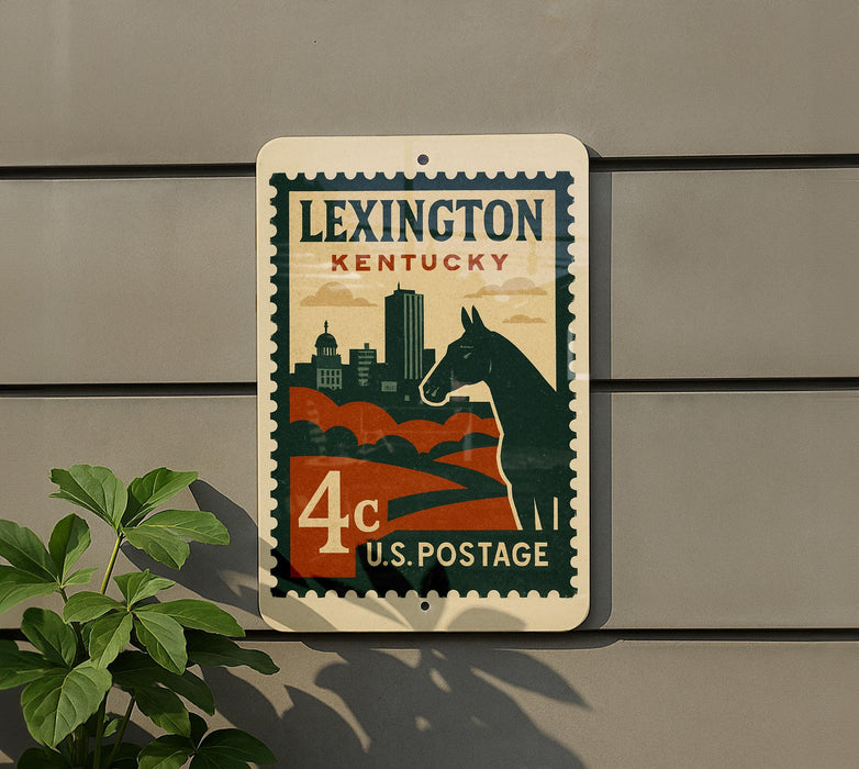 A vintage-style postcard or stamp from Kentucky, featuring a silhouette of a horse and a cityscape, mounted on a wall.