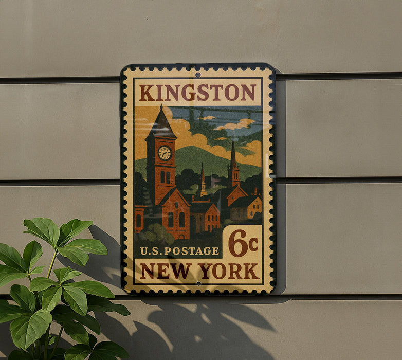 A vintage-style postage stamp from the United States Postal Service, featuring a town scene with a clock tower, mounted on a wall.