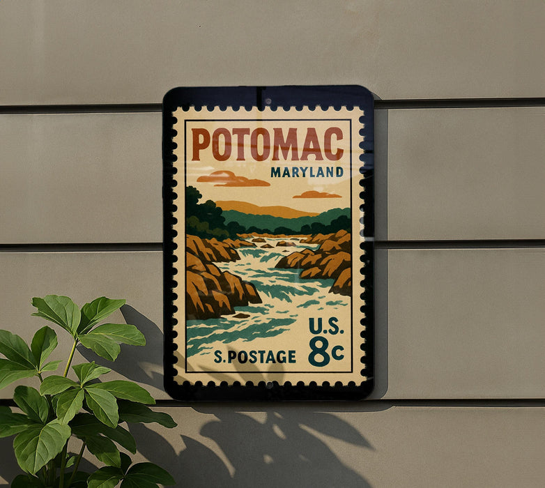 A vintage-style postage stamp from Potomac, Maryland, featuring a scenic landscape with a river and mountains.