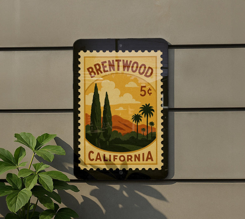 A vintage postage stamp depicting a scenic landscape of Brentwood, California, with palm trees and mountains in the background.