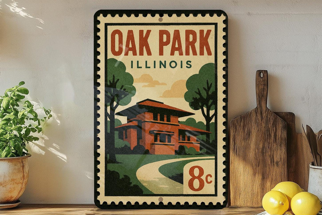 A vintage-style poster of Oak Park, Illinois, featuring a house and trees, is displayed on a wall next to a wooden cutting board and a potted plant.