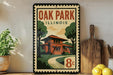 A vintage-style poster of Oak Park, Illinois, featuring a house and trees, is displayed on a wall next to a wooden cutting board and a potted plant.