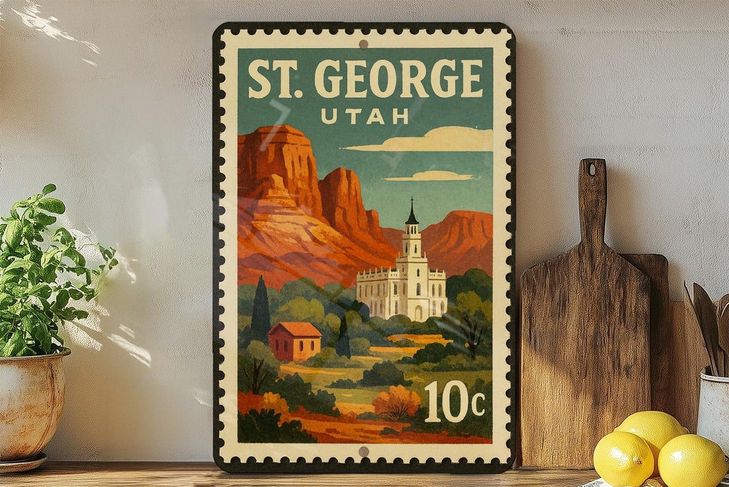 A vintage postage stamp depicting St. George, Utah, with a castle and mountains in the background.