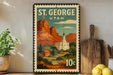 A vintage postage stamp depicting St. George, Utah, with a castle and mountains in the background.