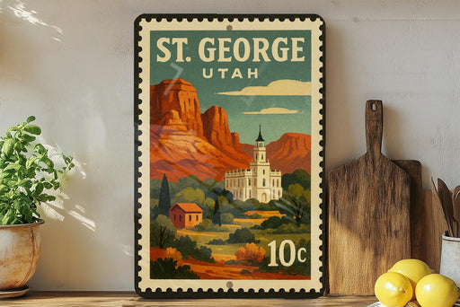 A vintage postage stamp depicting St. George, Utah, with a castle and mountains in the background.