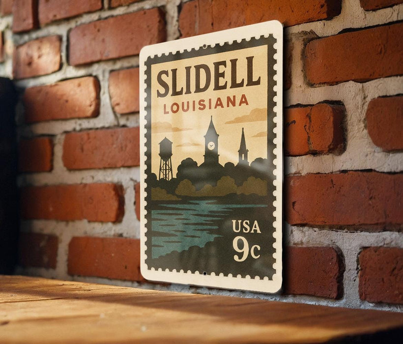 A vintage-style metal sign with the text "SLIDELL LOUISIANA" and a graphic of a water tower and church spire, mounted on a brick wall.