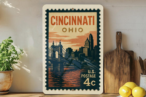 A vintage-style postage stamp from the United States, featuring the cityscape of Cincinnati, Ohio, with a bridge and buildings in the background.