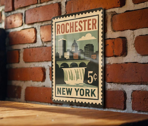 A vintage-style metal sign with the text "Rochester New York" and a cityscape illustration, mounted on a brick wall.