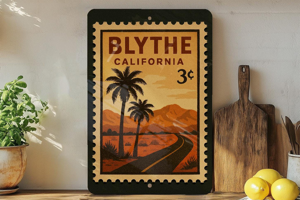 a framed poster of a tropical road scene with palm trees and mountains, placed on a shelf next to a wooden cutting board and some lemons.