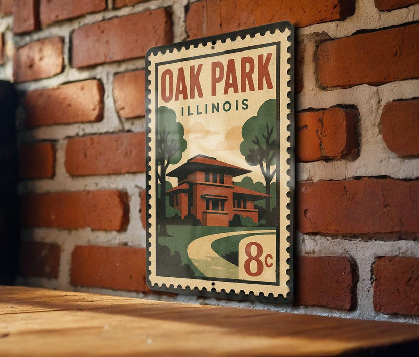 A vintage-style metal sign with the text "OAK PARK ILLINOIS" and an illustration of a house, mounted on a brick wall.