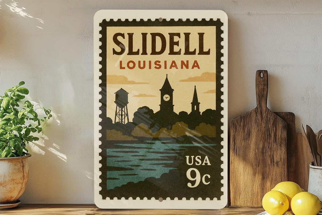 A vintage-style postage stamp from Louisiana, featuring a silhouette of a city skyline with a clock tower, displayed on a shelf next to a wooden cutting board and a potted plant.