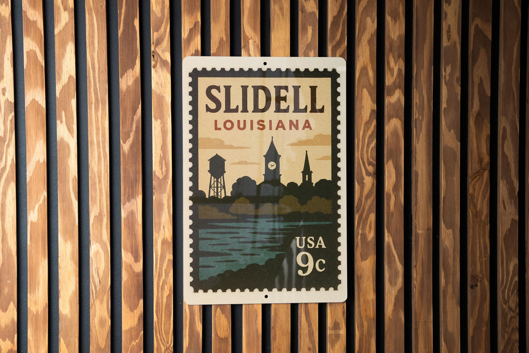 A vintage-style postage stamp from Louisiana, featuring a silhouette of the city skyline and water, is displayed on a wooden wall.