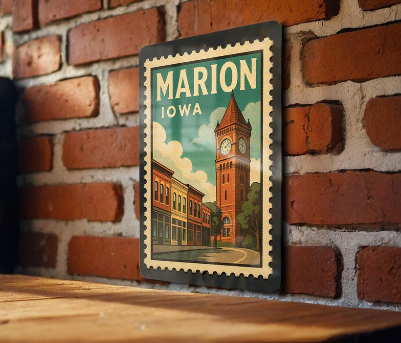 A vintage postage stamp depicting a brick building with a clock tower, mounted on a brick wall.