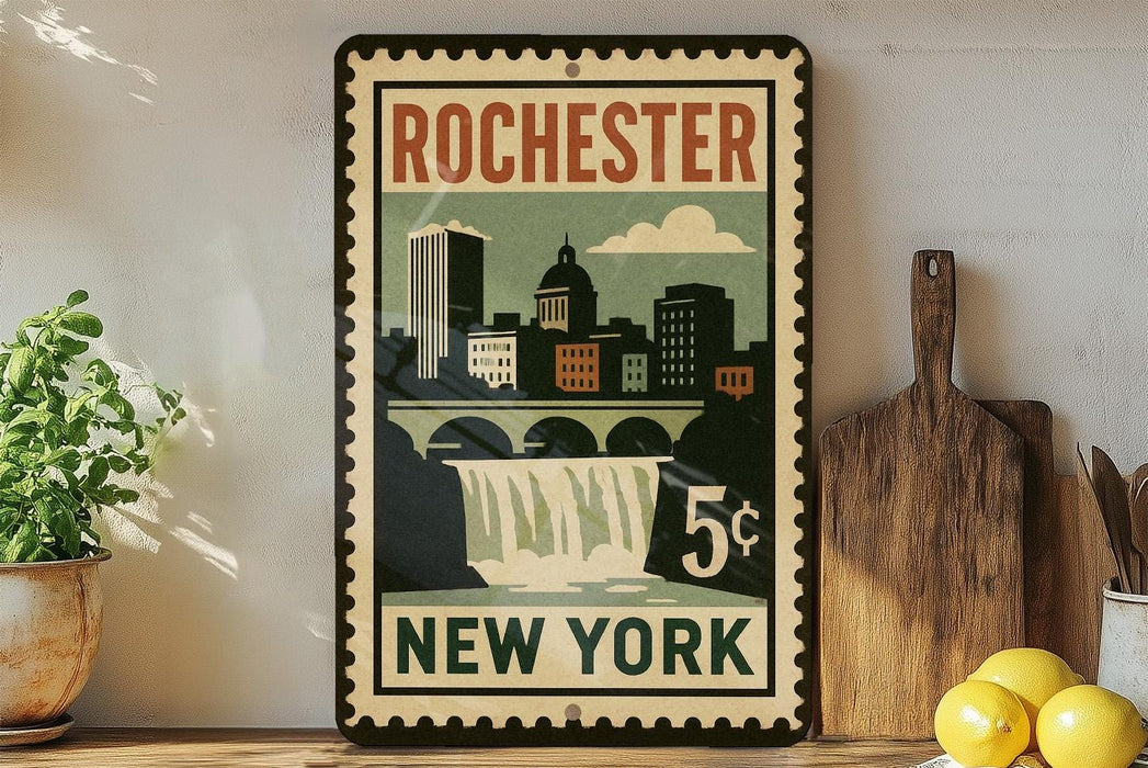 A vintage-style poster of Rochester, New York, featuring a cityscape with a waterfall, displayed on a wall next to a wooden cutting board and some lemons.