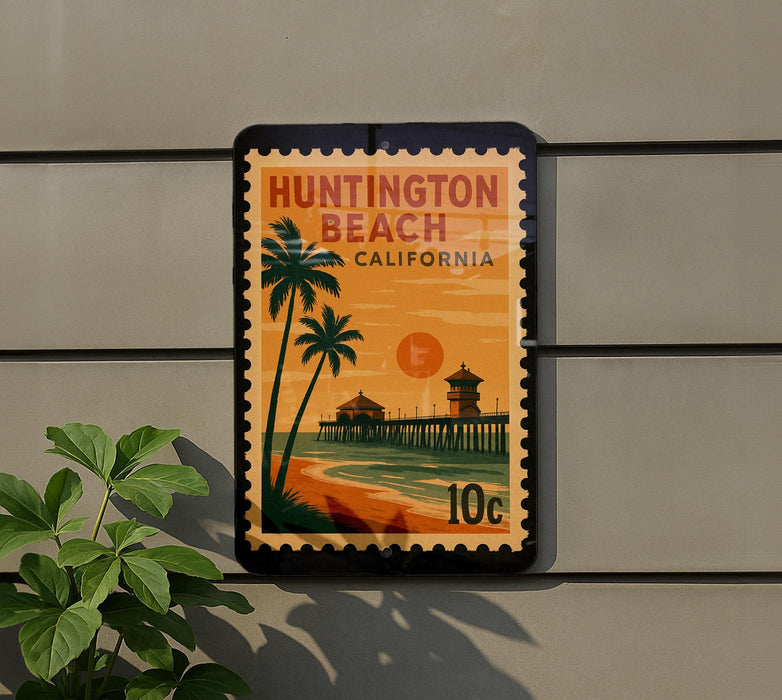 A postage stamp for Huntington Beach, California, featuring a palm tree and a pier against a sunset sky.