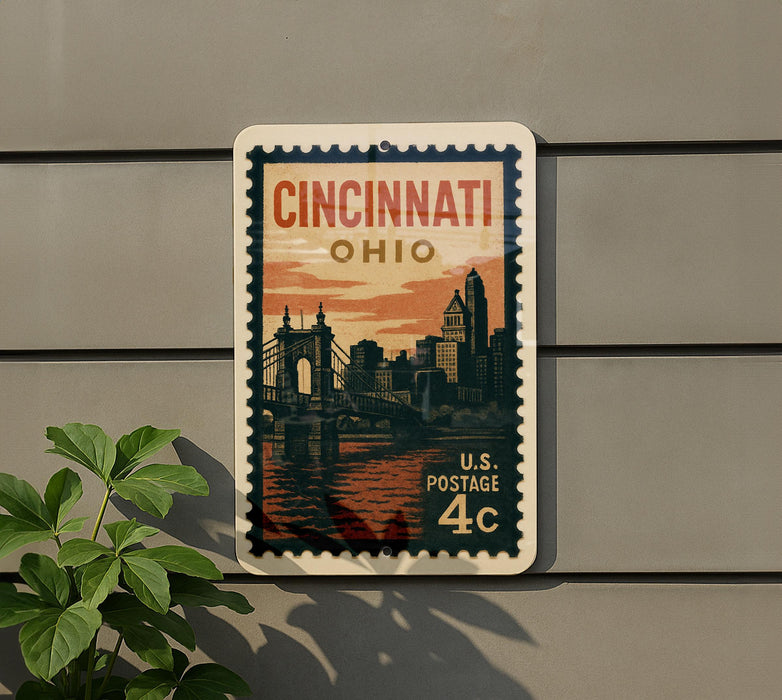 A vintage-style postage stamp from the United States, featuring the cityscape of Cincinnati, Ohio, with a bridge and buildings in the background.