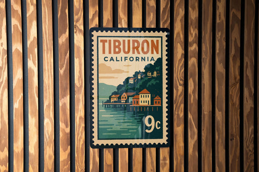 A postage stamp from Tiburon, California, featuring a scenic illustration of a coastal town with a pier and buildings.