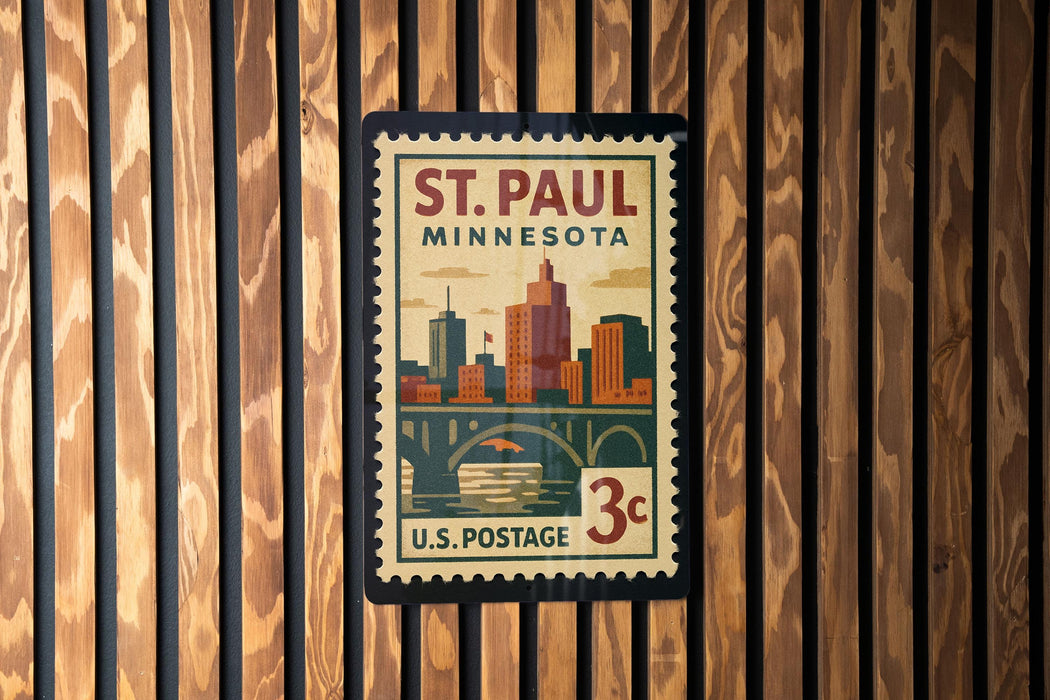 A postage stamp from Minnesota, featuring a cityscape and a bridge, is displayed on a wooden wall.