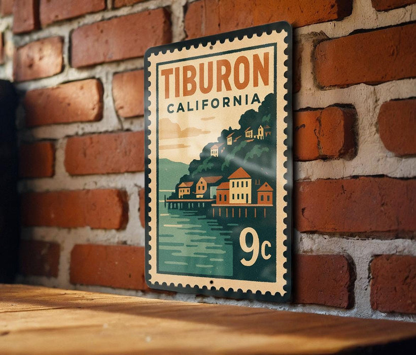 A vintage postage stamp from California, featuring a scenic illustration of a coastal town with a pier and buildings along the waterfront.