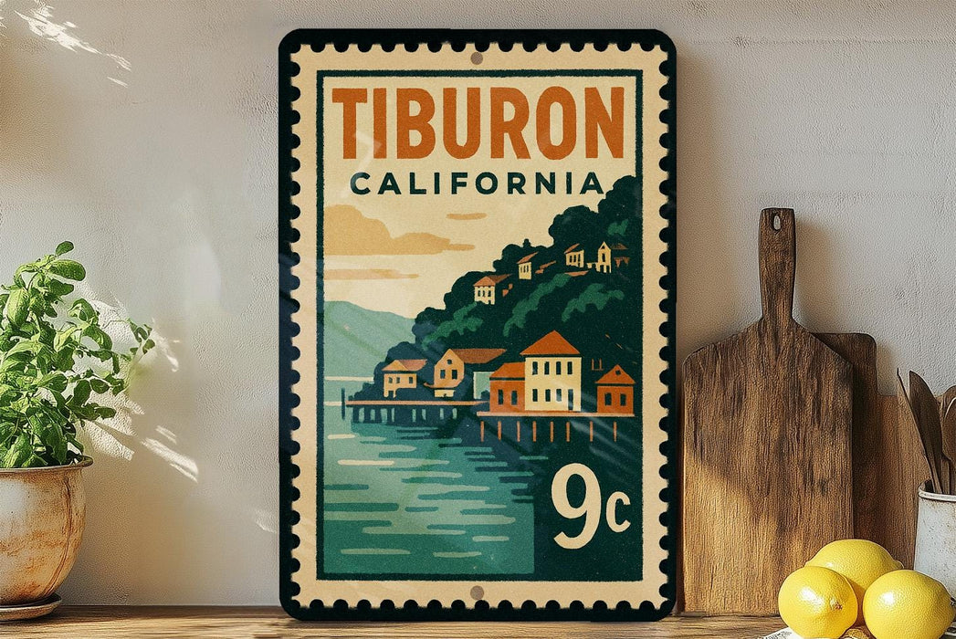 A vintage postage stamp from Tiburon, California, featuring a scenic illustration of a coastal town with houses and a pier.