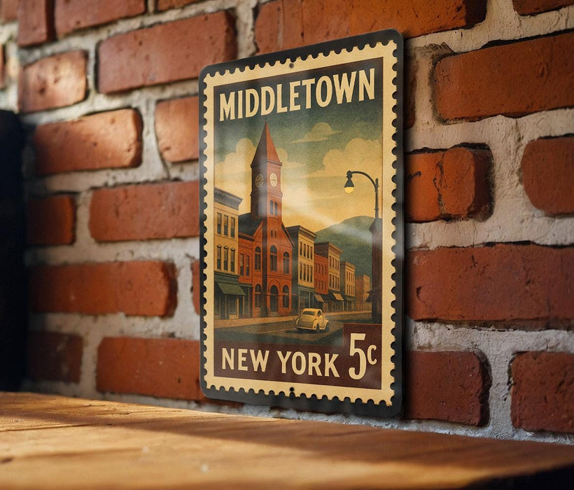 A vintage-style postage stamp depicting a brick building with a clock tower, mounted on a brick wall.