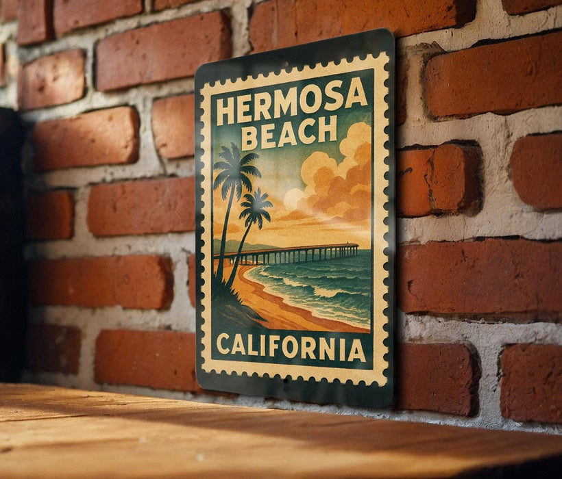 A vintage-style metal sign with the text "HERMOSA BEACH, CALIFORNIA" and a beach scene illustration is displayed on a brick wall.