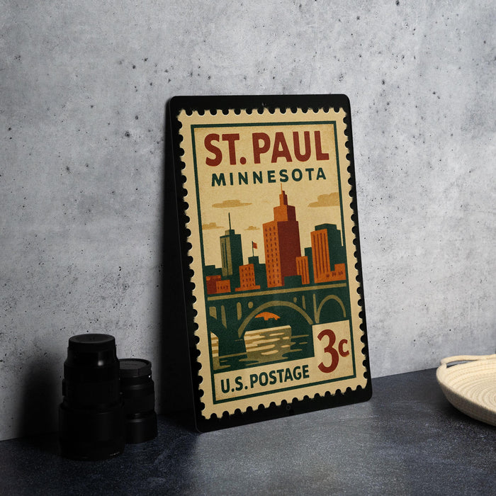 A vintage postage stamp from St. Paul, Minnesota, featuring an illustration of the city skyline and a bridge.