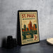 A vintage postage stamp from St. Paul, Minnesota, featuring an illustration of the city skyline and a bridge.