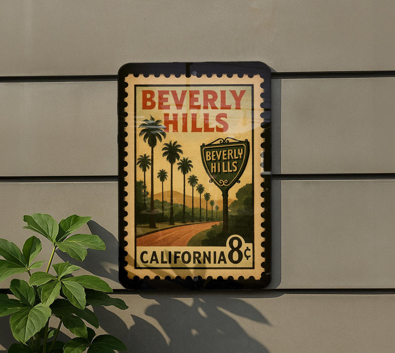 A vintage-style poster of Beverly Hills, California, featuring palm trees and a road, mounted on a wall.