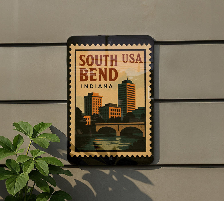 A vintage-style poster of the city of Bend, Oregon, featuring a bridge and buildings, is displayed on a wall.