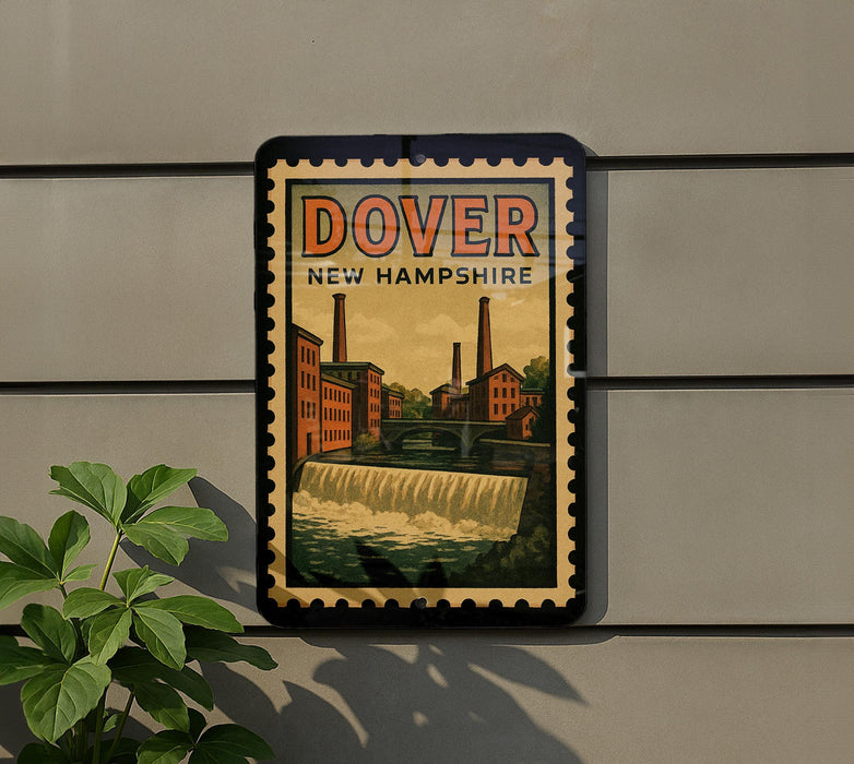 a vintage-style poster of Dover, New Hampshire, with a waterfall and buildings in the background.