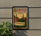 a vintage-style poster of Dover, New Hampshire, with a waterfall and buildings in the background.