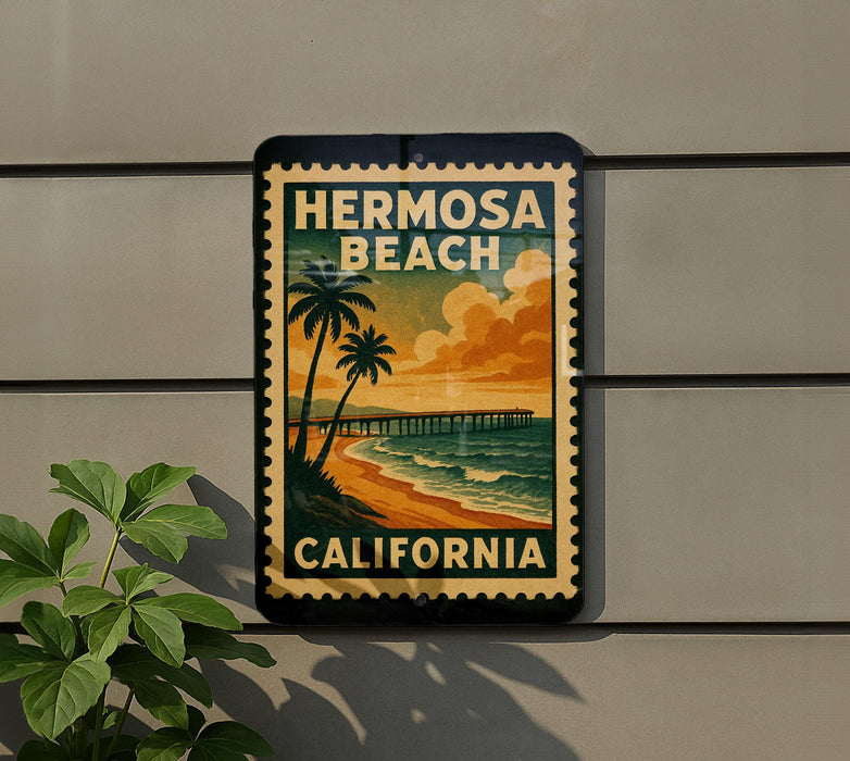 A vintage-style sign for Hermosa Beach, California, featuring a palm tree and a pier against a sunset sky.