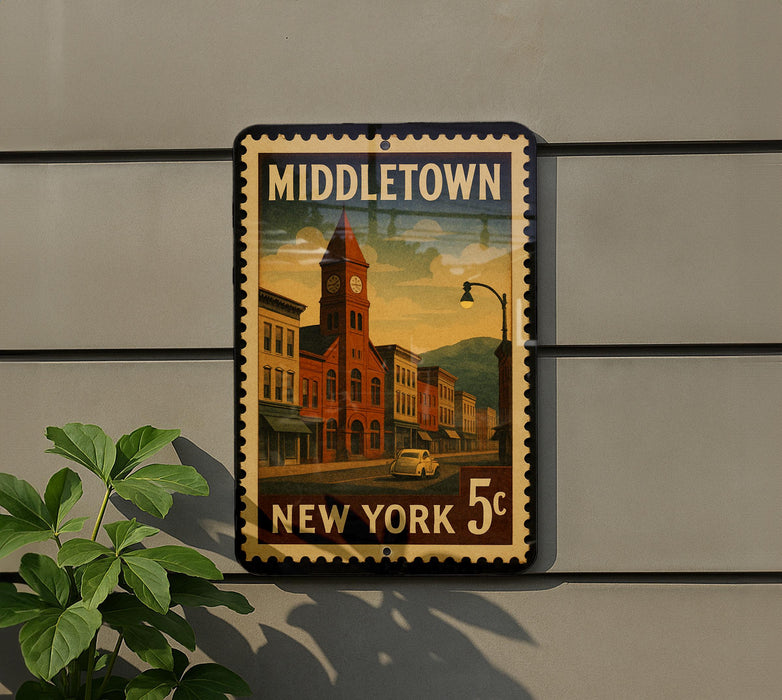 A vintage-style metal sign with a colorful illustration of a town, mounted on a wall next to a plant.