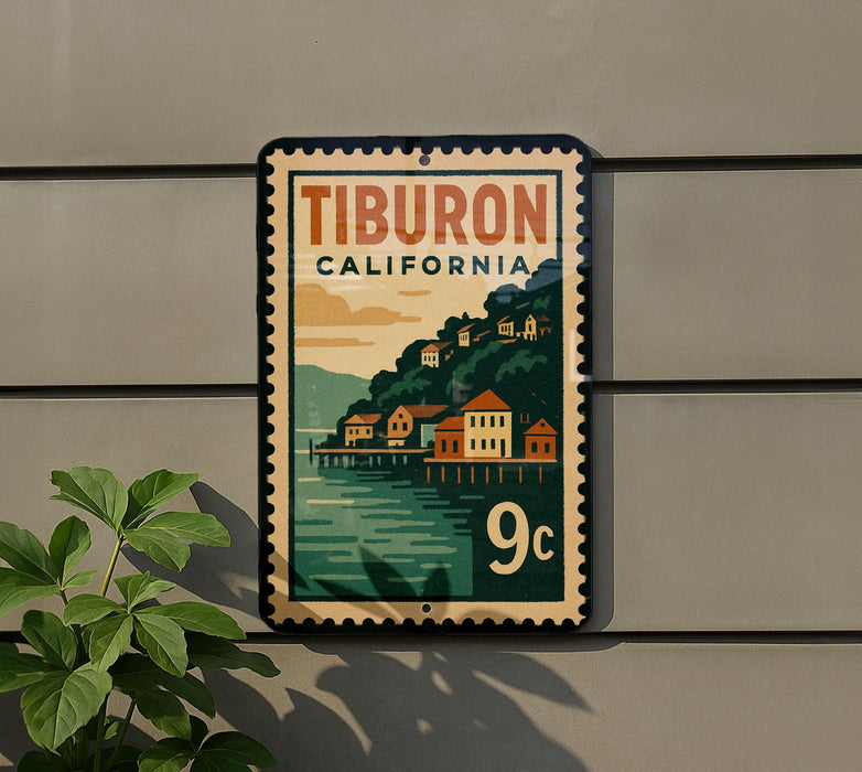 A vintage-style postage stamp from Tiburon, California, featuring a scenic illustration of a coastal town with houses and a pier.