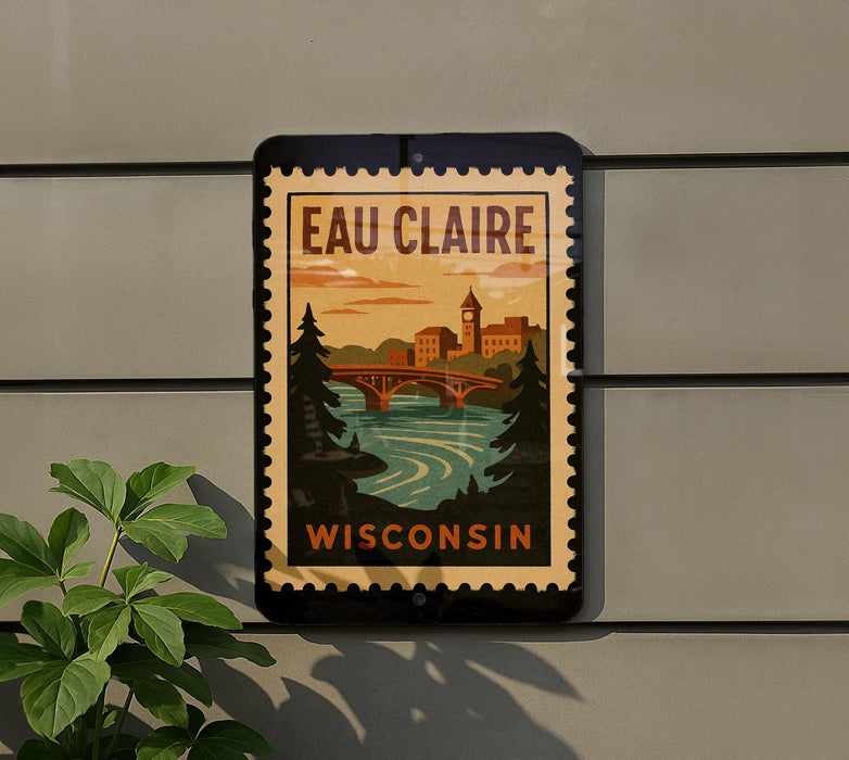 A sign for Eau Claire, Wisconsin, featuring a scenic illustration of a bridge, river, and surrounding landscape.