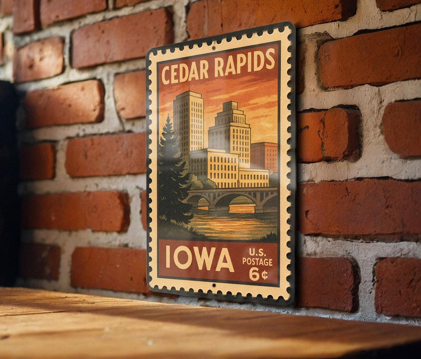 A vintage-style postage stamp from Iowa featuring a cityscape with a bridge and trees, mounted on a brick wall.