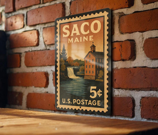 A vintage postage stamp from Maine, featuring a building and a waterfall, is displayed on a brick wall.