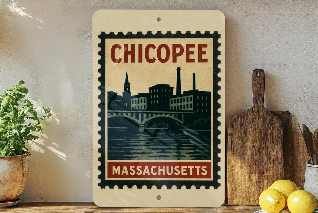 A framed vintage-style stamp depicting the city of Chicopee, Massachusetts, with a bridge and buildings in the background.