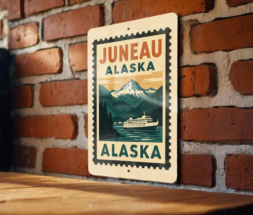 A metal sign with the text "JUNEAU ALASKA" and an illustration of a boat on a river, mounted on a brick wall.