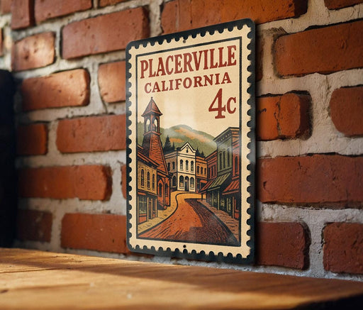 A vintage postage stamp from California, featuring an illustration of a small town with a church and a road.