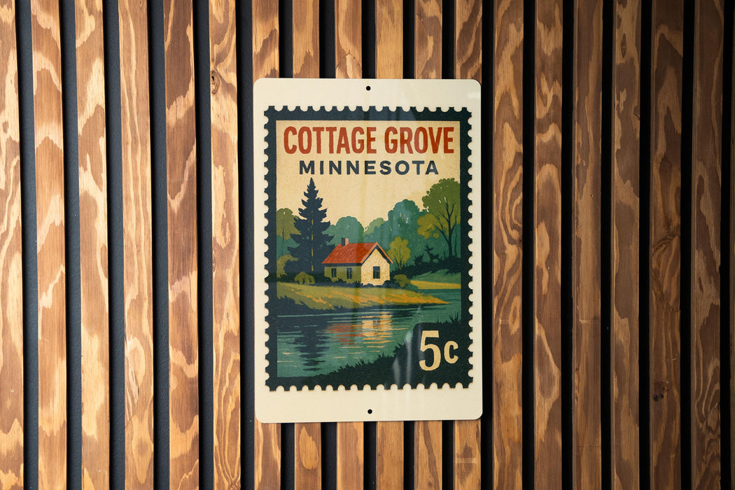 A vintage Minnesota postage stamp featuring a cottage and a lake, mounted on a wooden wall.